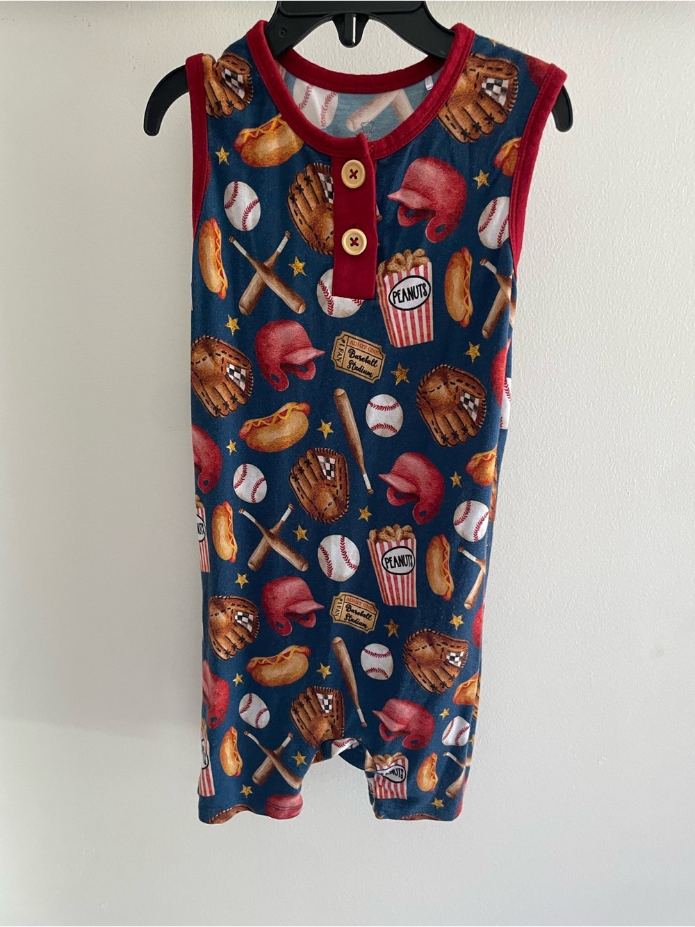 Little Snuggles Baseball Snack Print Sleeveless Romper - Navy & Red